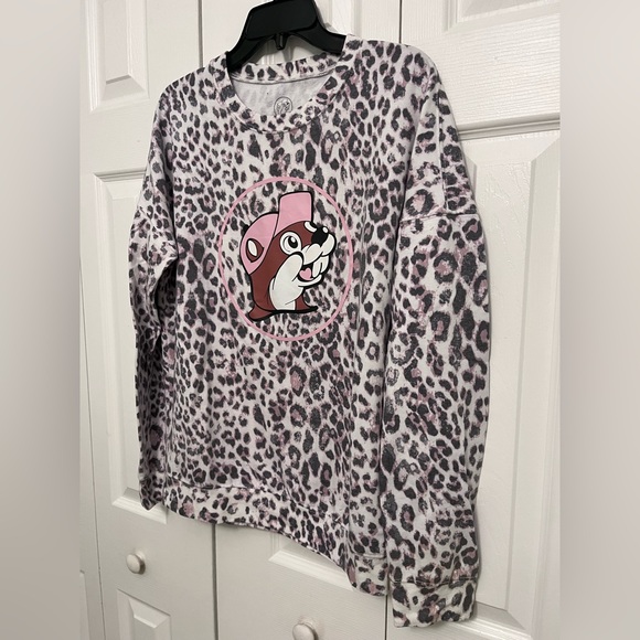 Buc-ees Leopard Print Sweatshirt with Cartoon Graphic - Picture 3 of 5